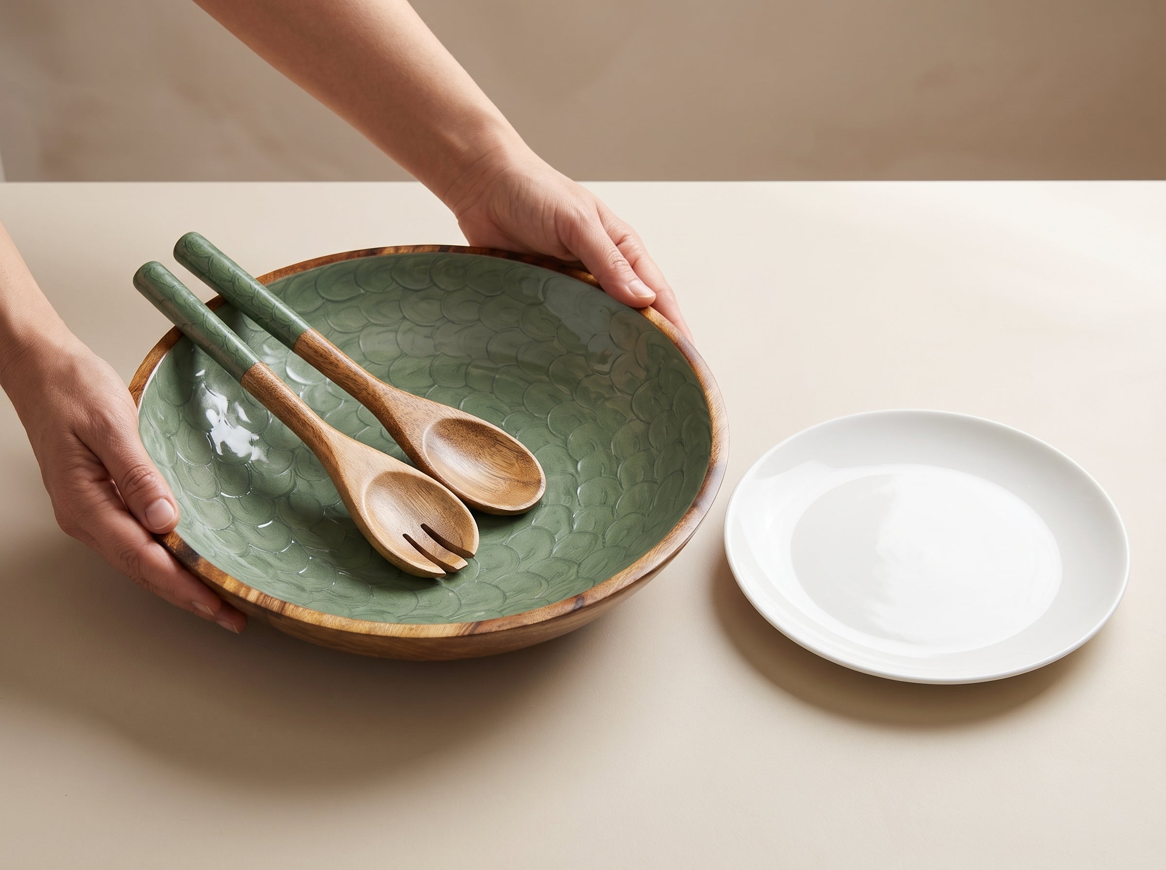 Large Bowl & Servers with Olive Green Pearl Enamel