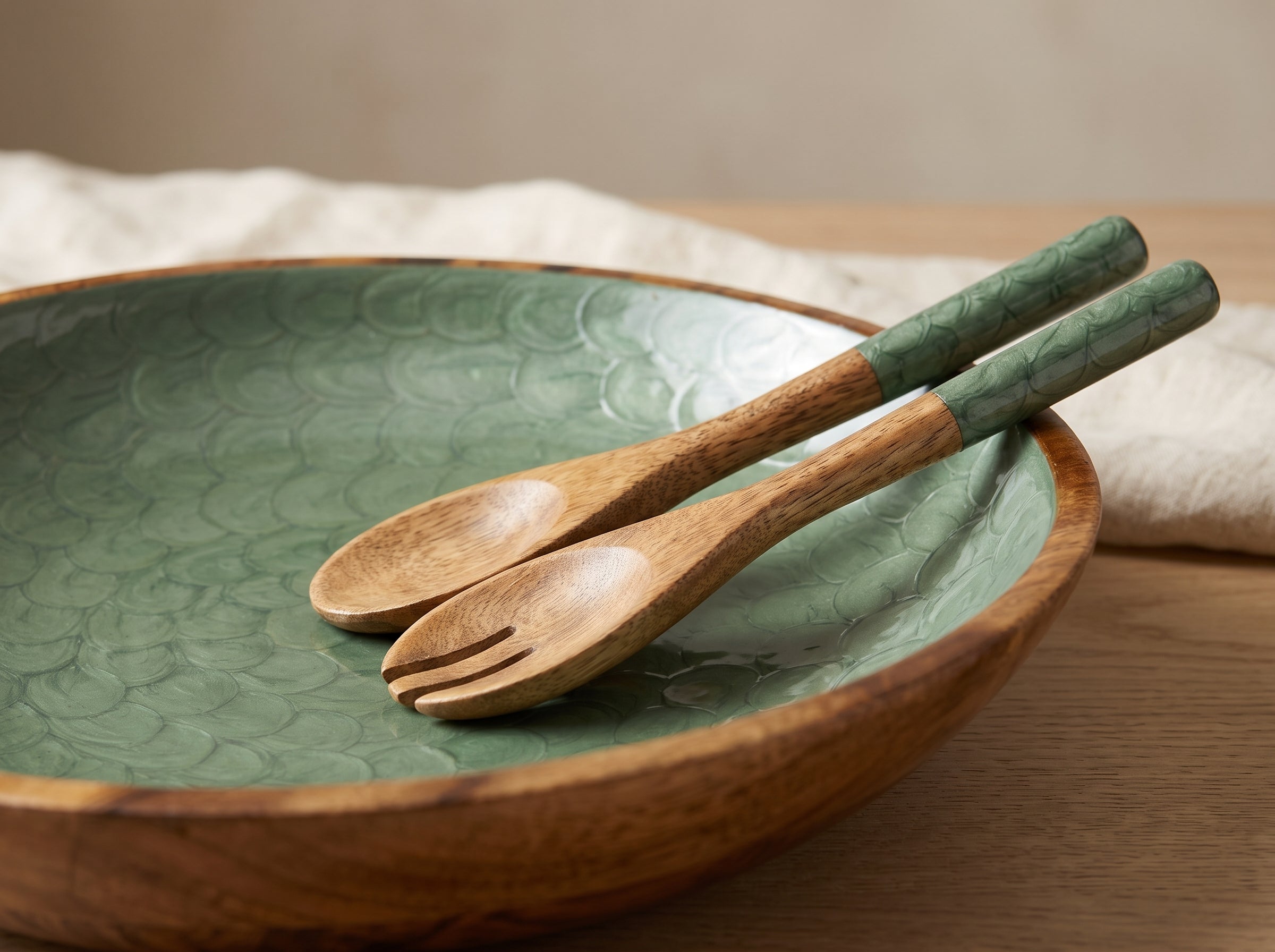 Large Bowl & Servers with Olive Green Pearl Enamel