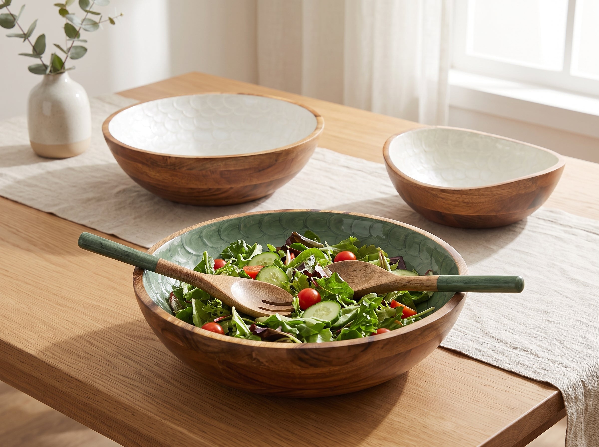 Large Bowl & Servers with Olive Green Pearl Enamel