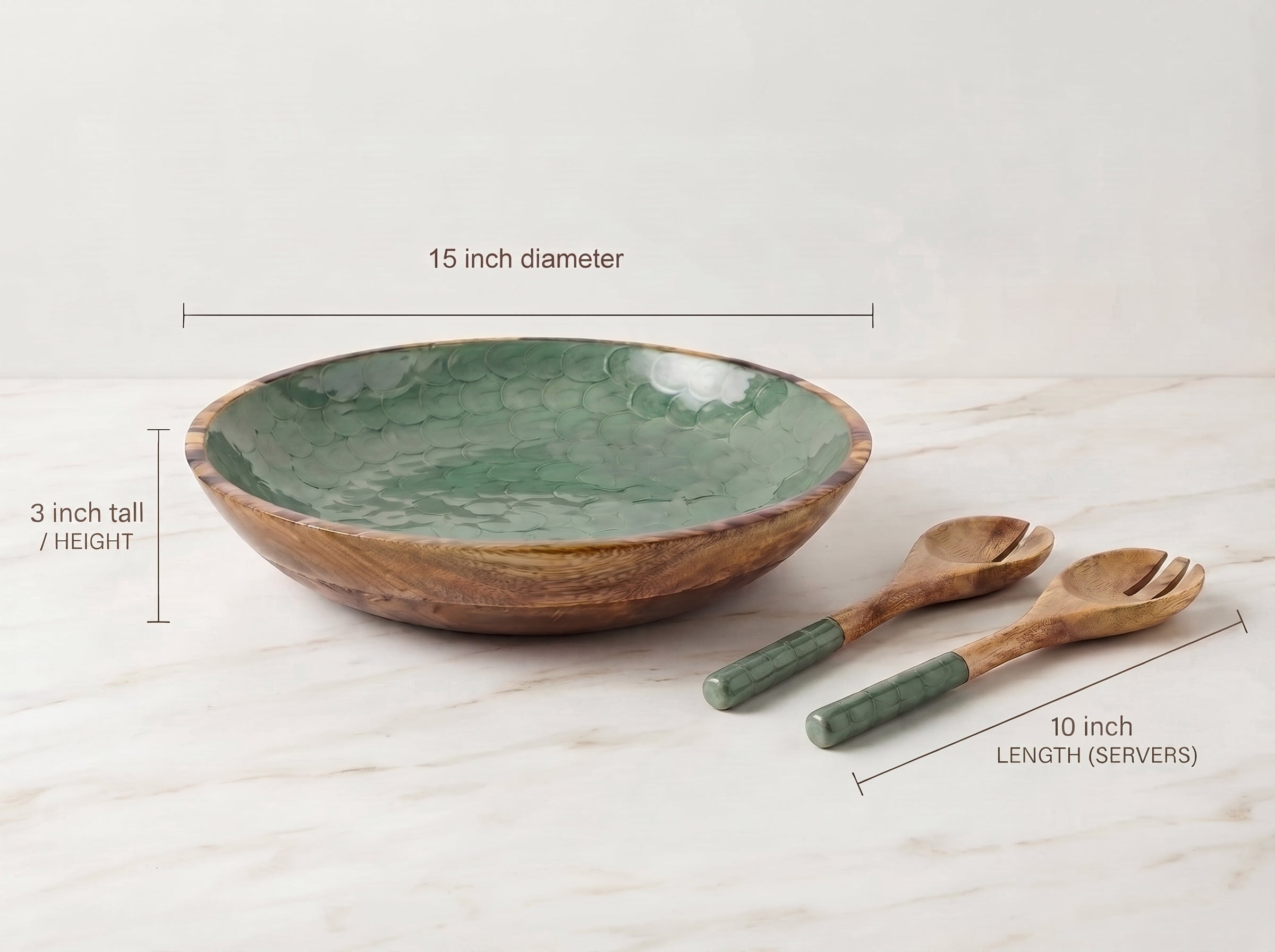 Large Bowl & Servers with Olive Green Pearl Enamel