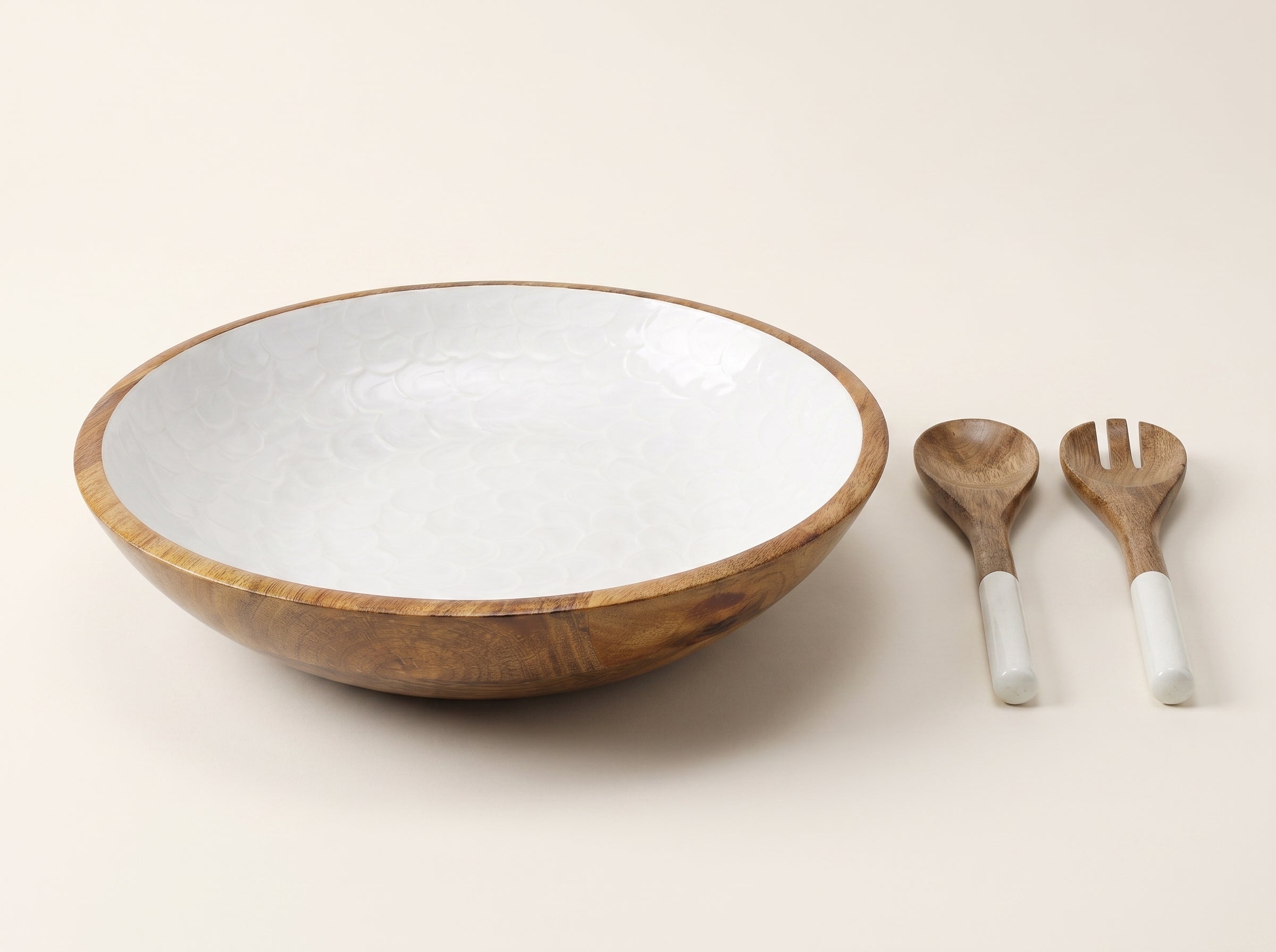 Large Bowl & Servers with White Pearl Enamel