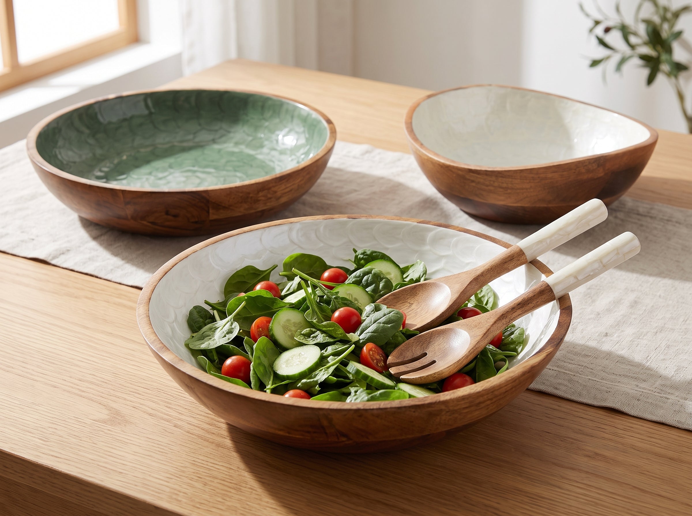 Large Bowl & Servers with White Pearl Enamel