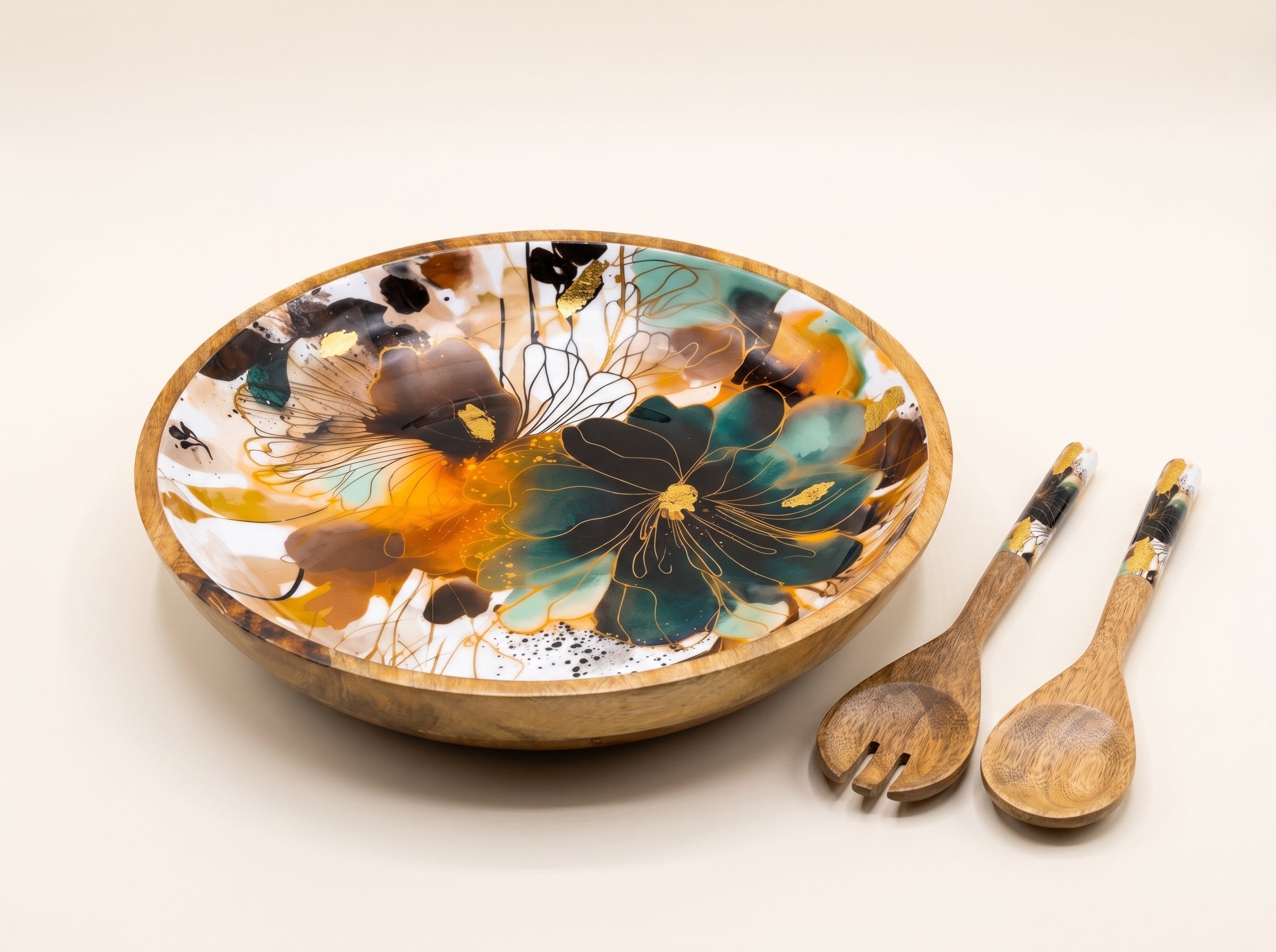 Large Bowl & Servers with Garden Story Floral Print Enamel