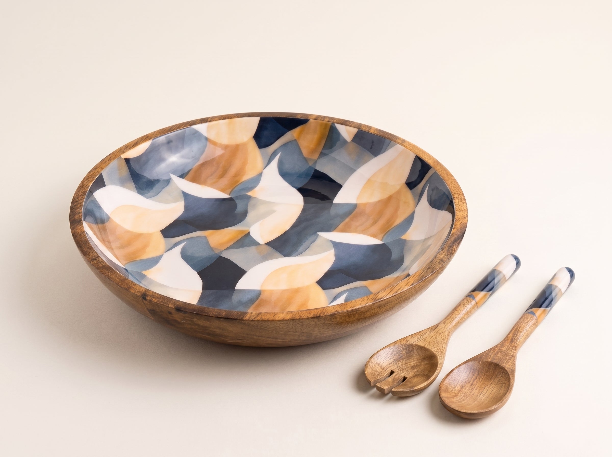 Large Bowl & Servers with Mosaic Geometric Print Enamel