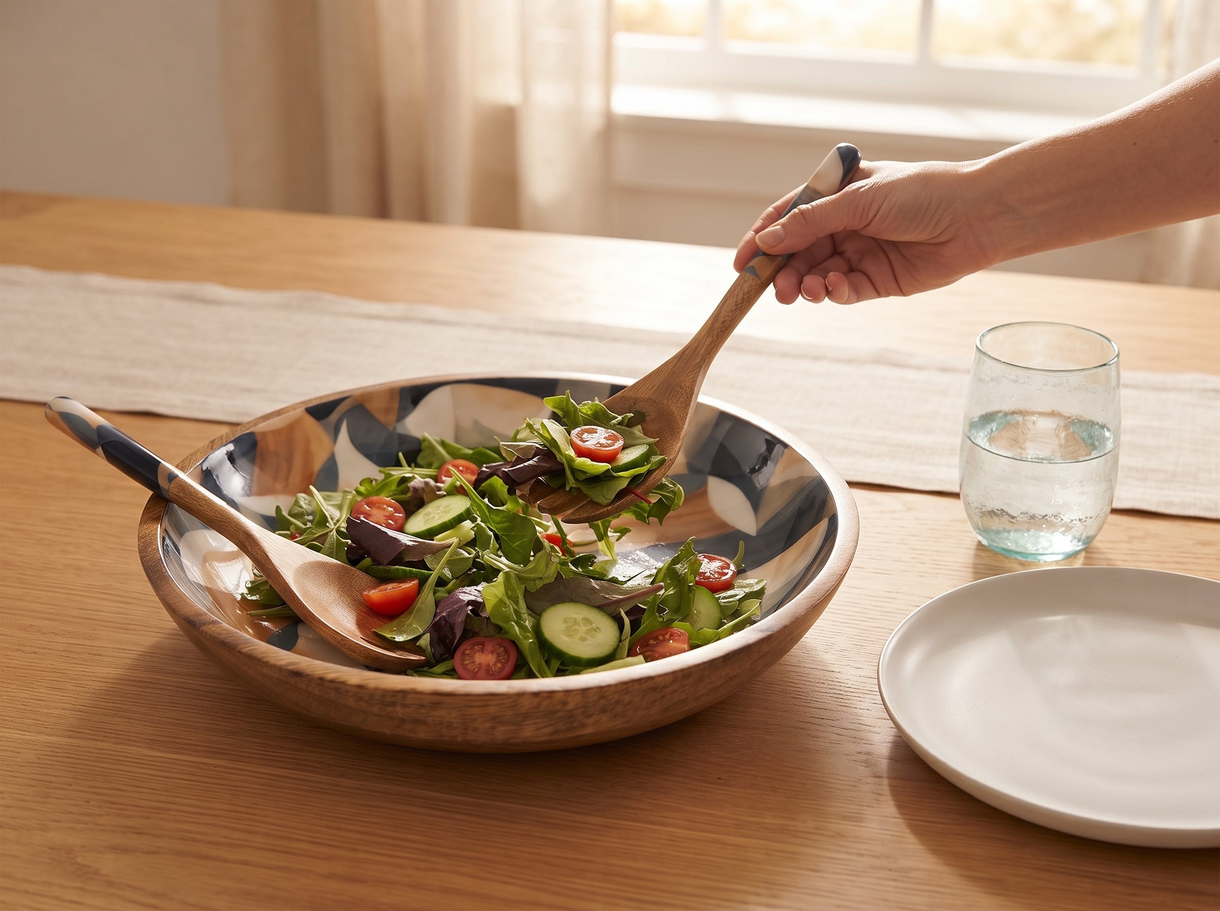 Large Bowl & Servers with Mosaic Geometric Print Enamel