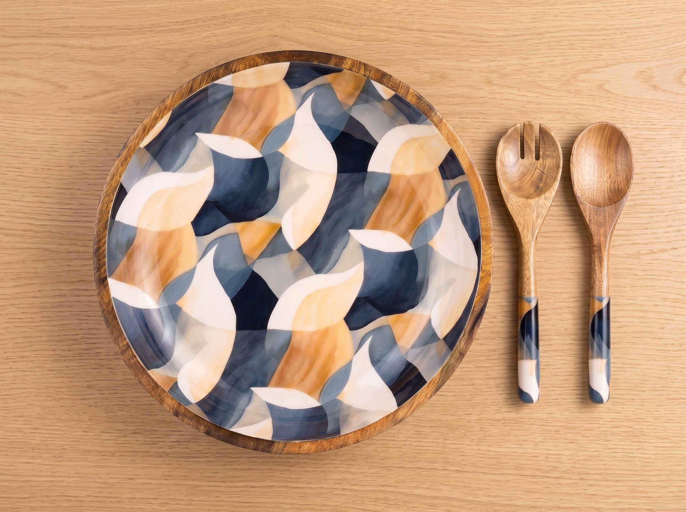 Large Bowl & Servers with Mosaic Geometric Print Enamel