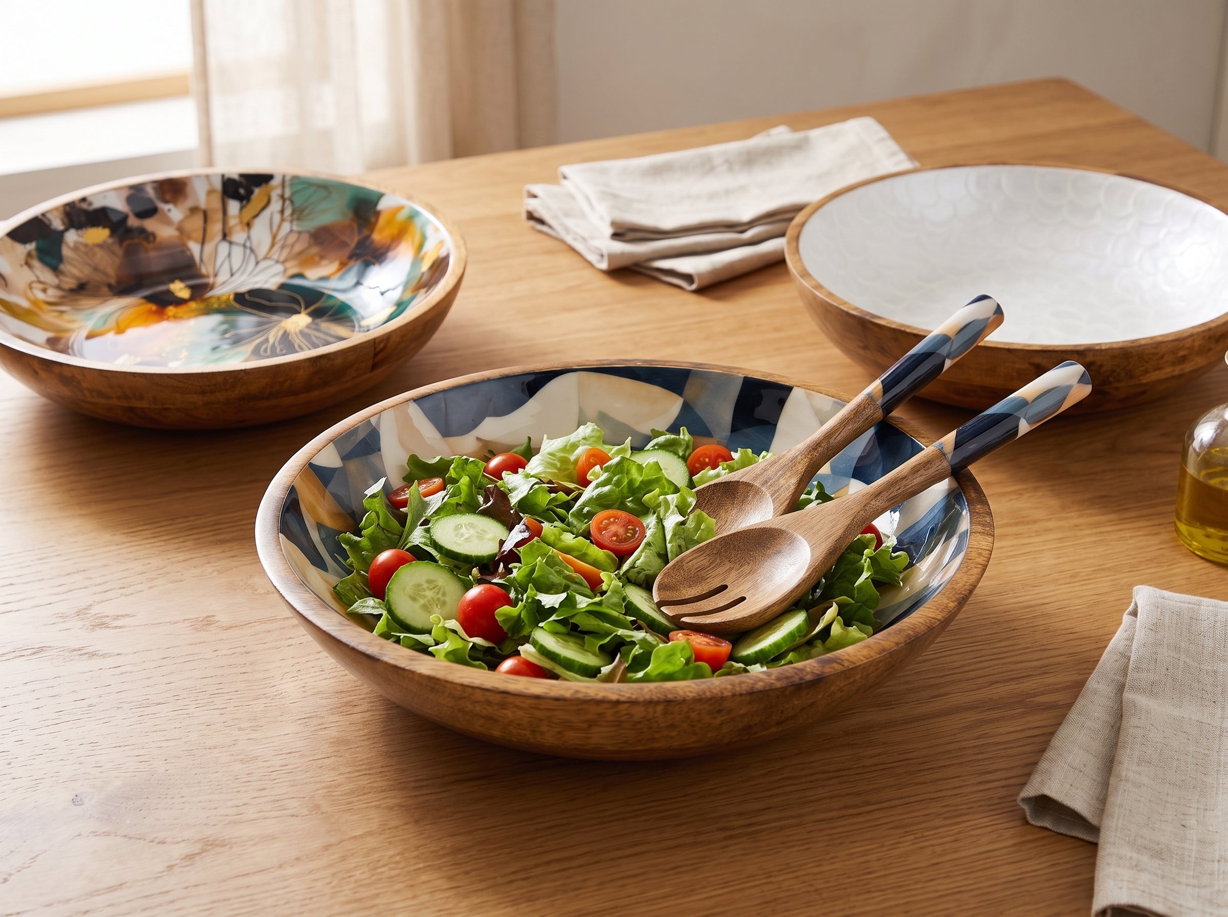 Large Bowl & Servers with Mosaic Geometric Print Enamel