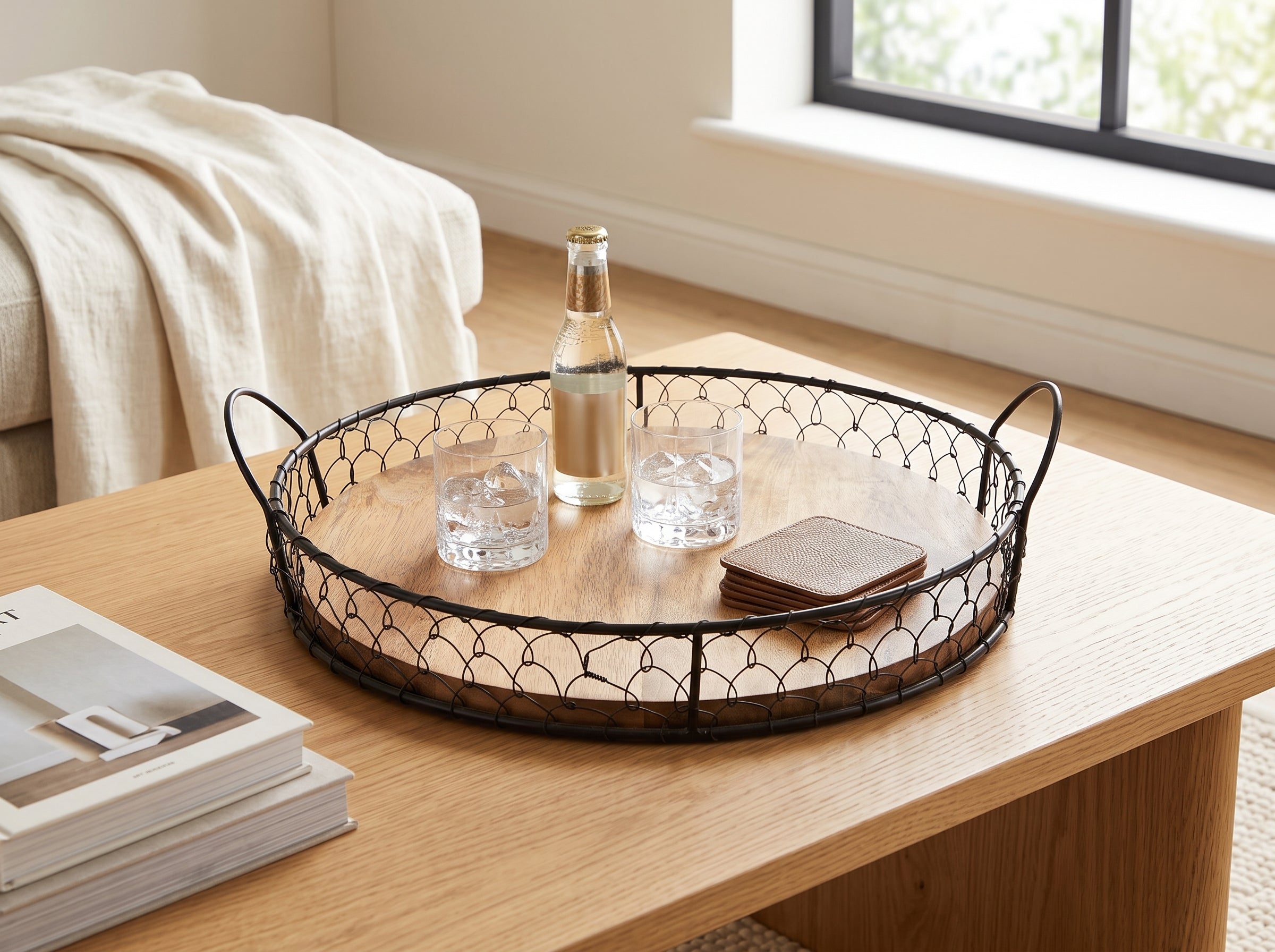 Round Wooden Tray with Wire Mesh Frame