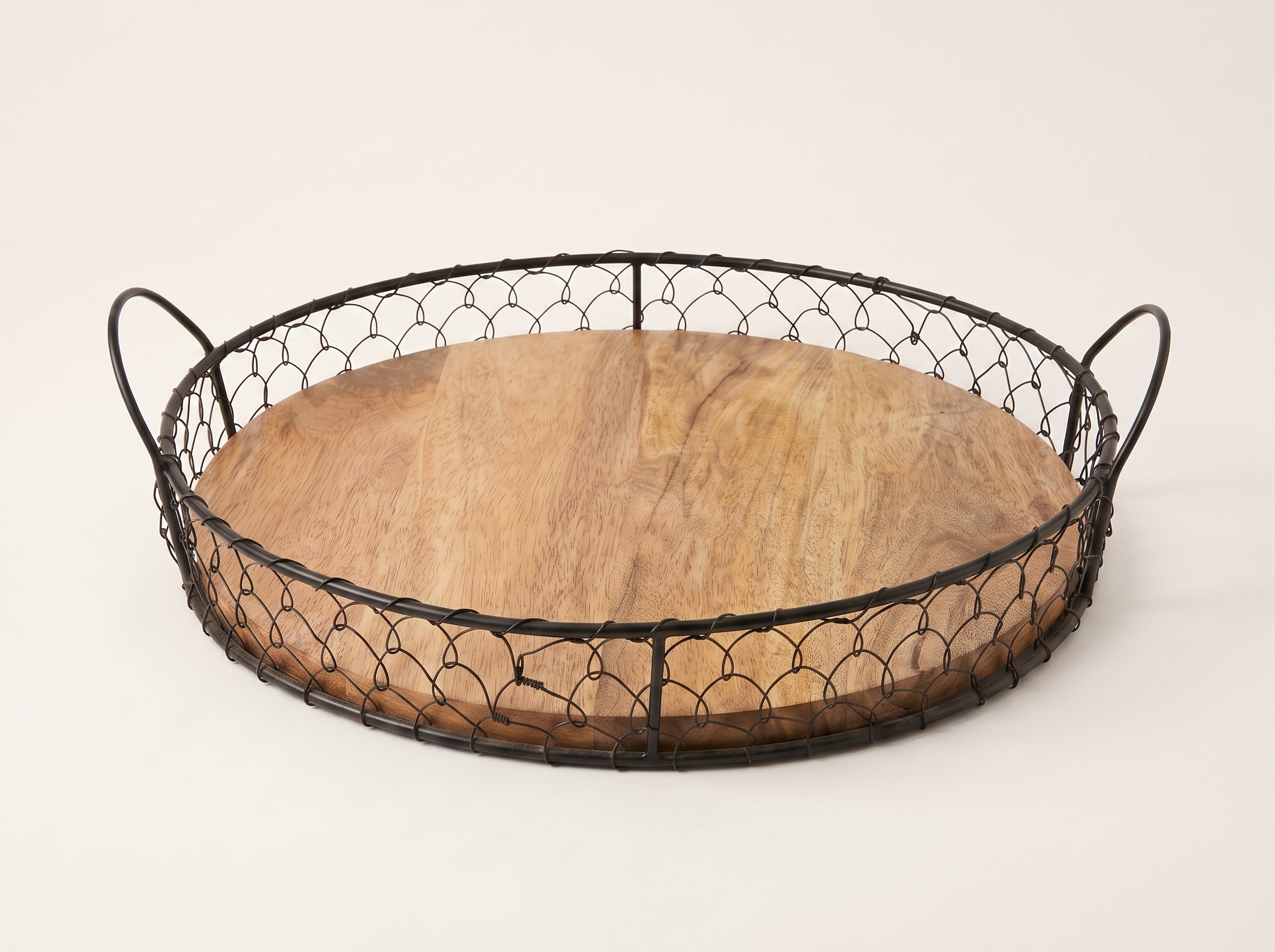 Round Wooden Tray with Wire Mesh Frame