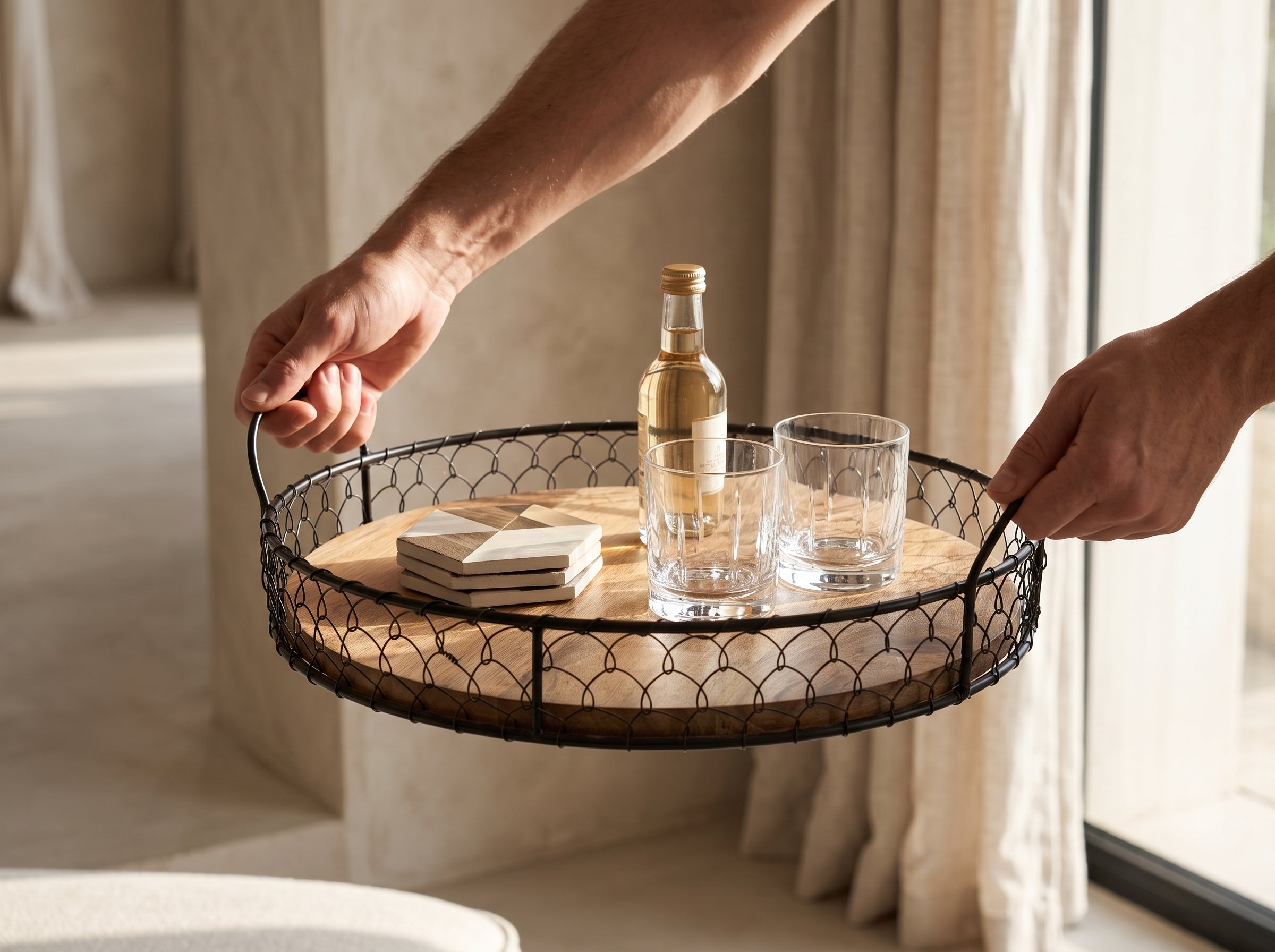 Round Wooden Tray with Wire Mesh Frame