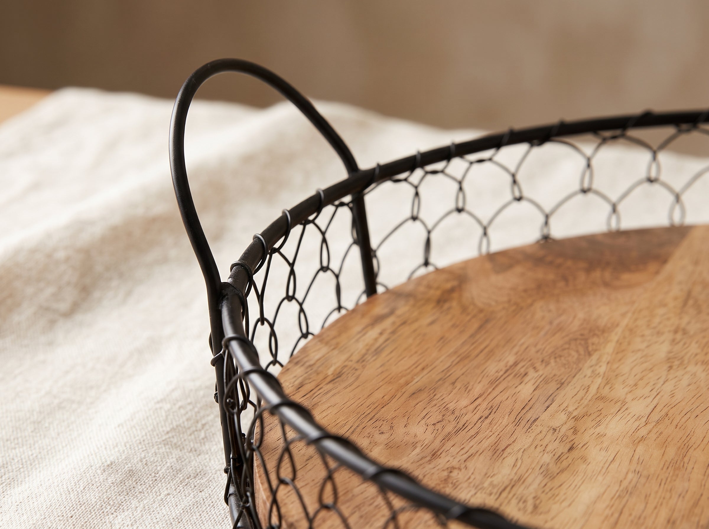 Round Wooden Tray with Wire Mesh Frame