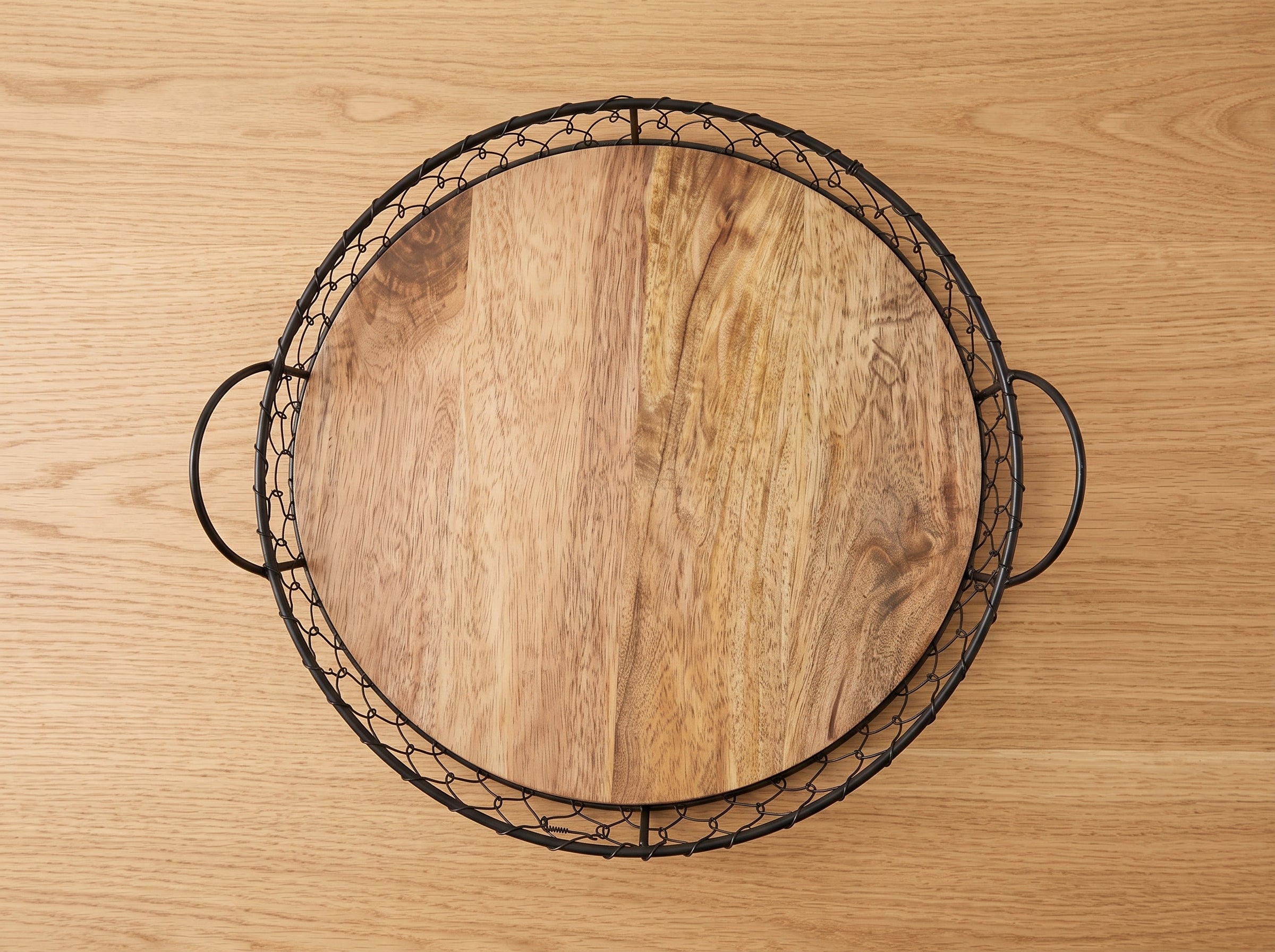 Round Wooden Tray with Wire Mesh Frame