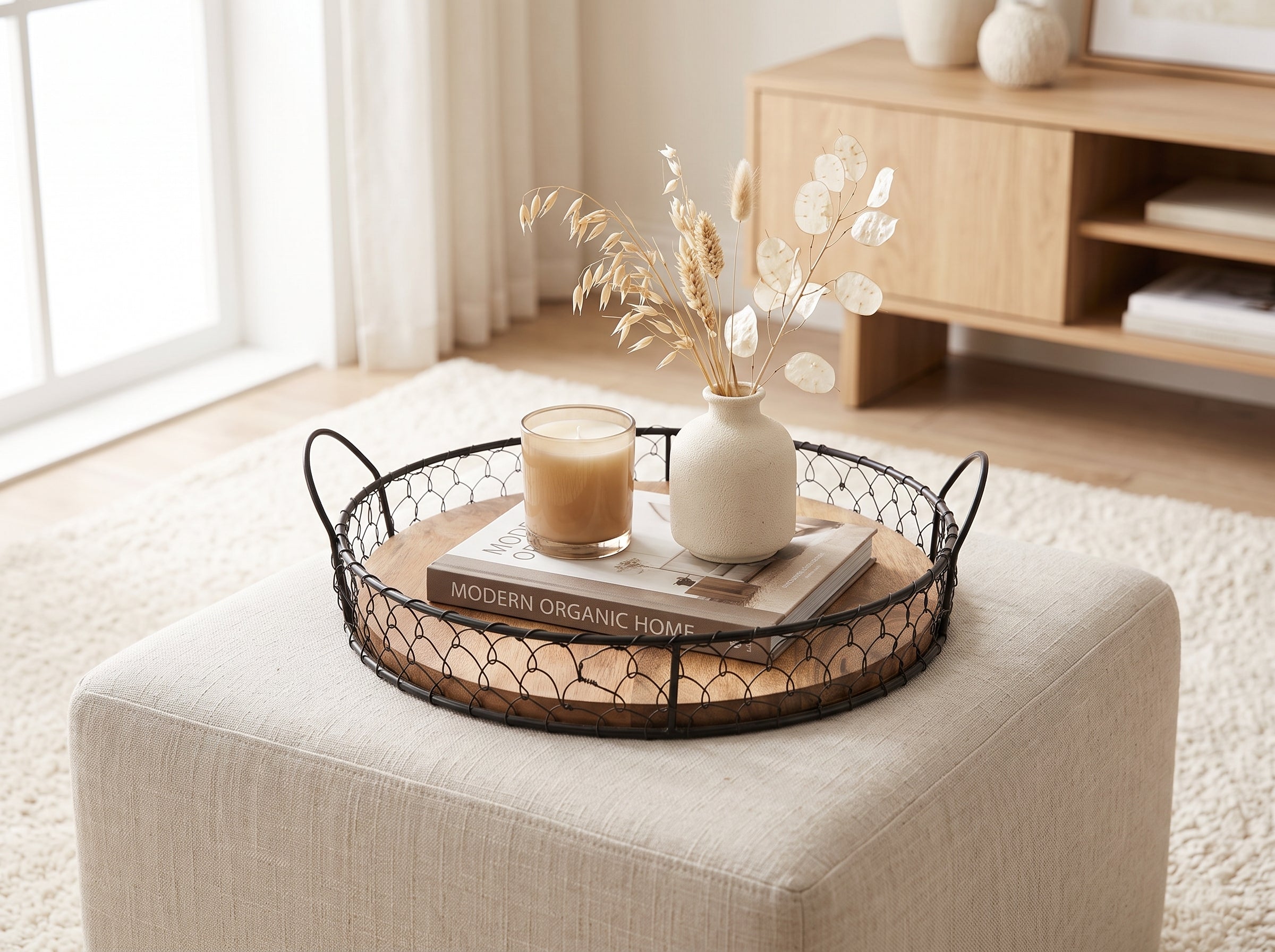 Round Wooden Tray with Wire Mesh Frame
