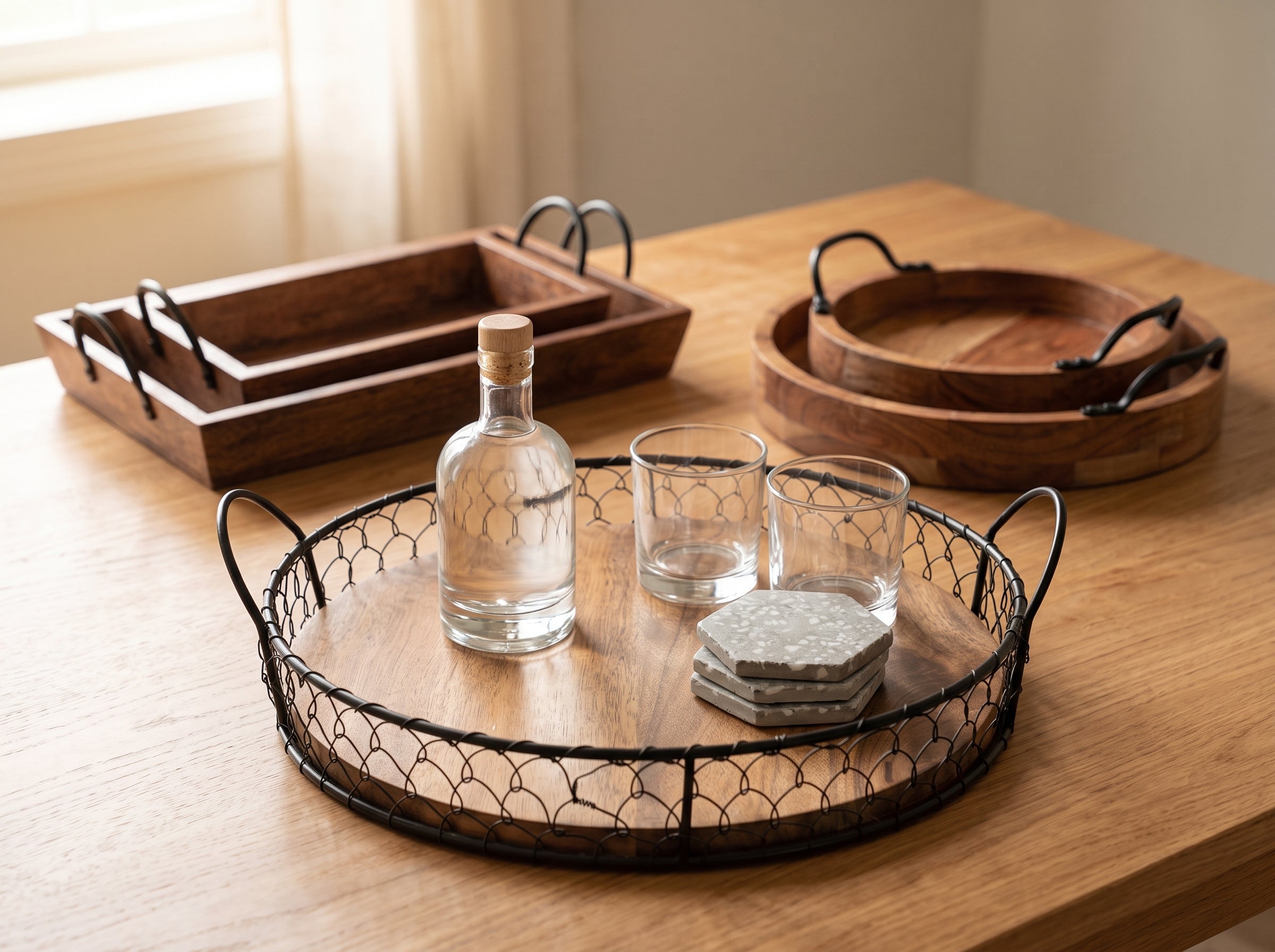 Round Wooden Tray with Wire Mesh Frame