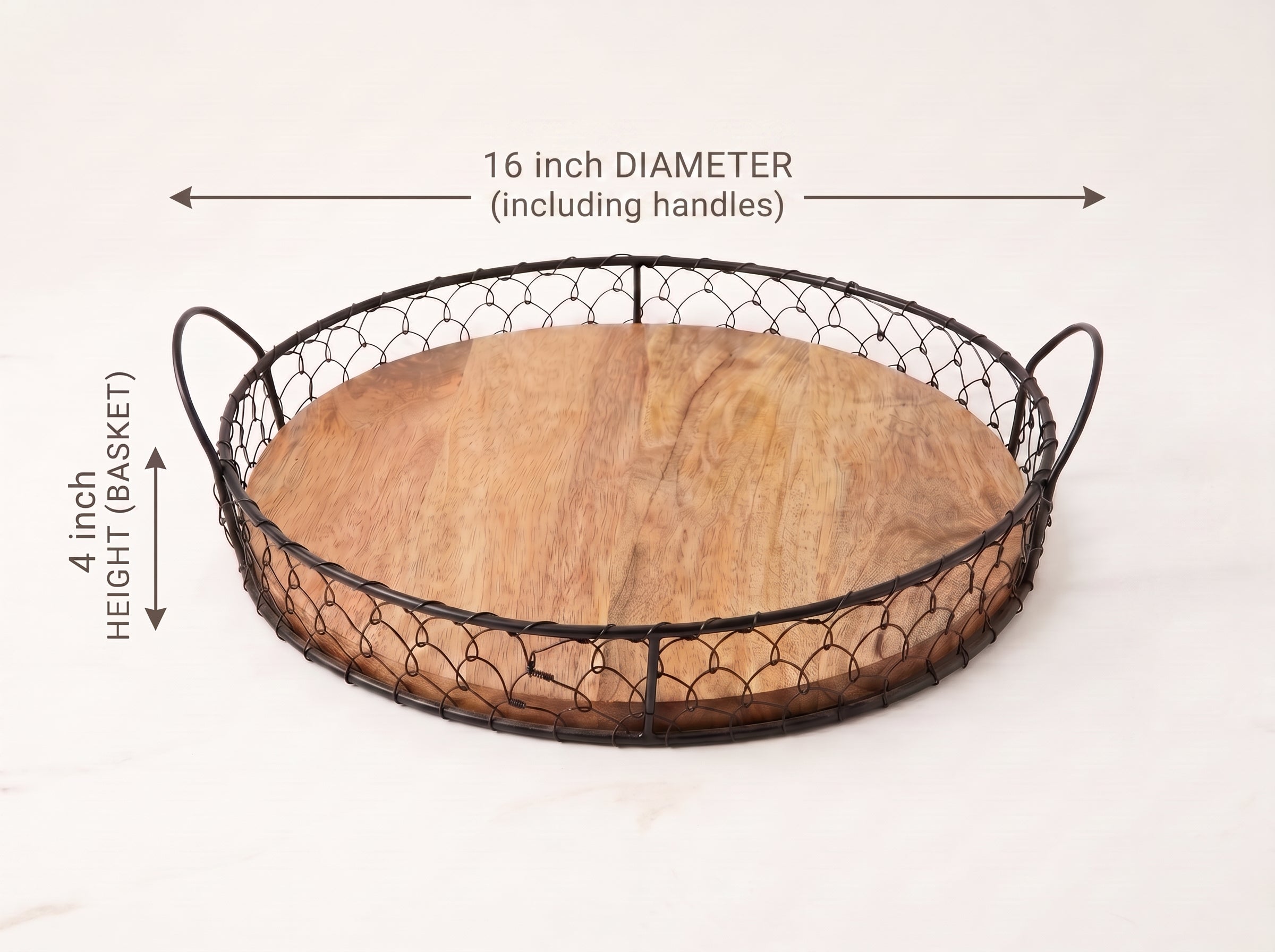 Round Wooden Tray with Wire Mesh Frame