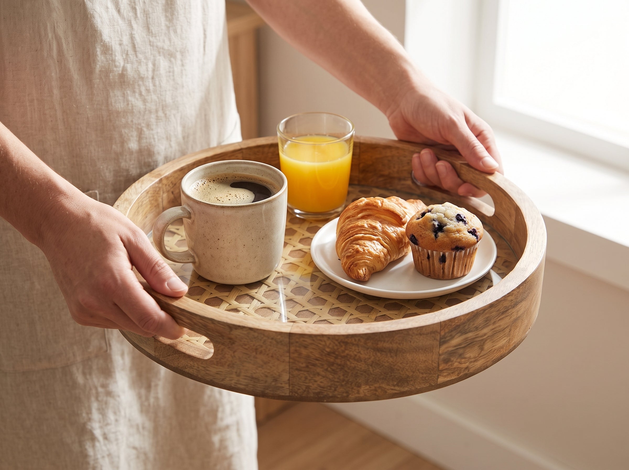 Round Tray with Rattan Mat