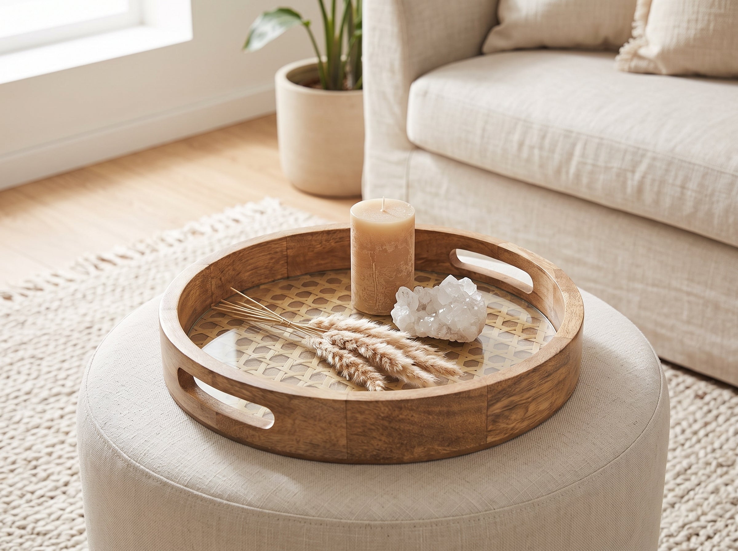 Round Tray with Rattan Mat