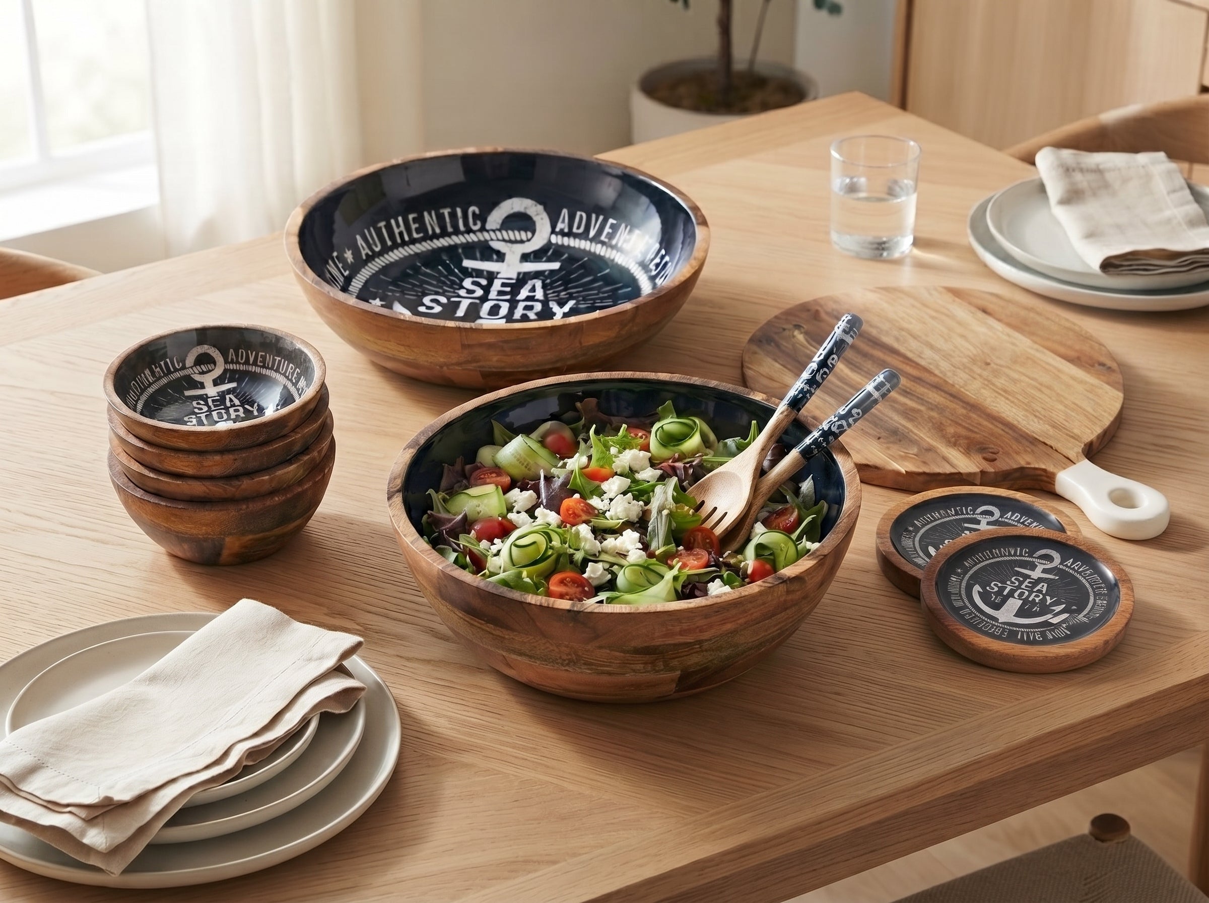 Serving Bowl and Servers with Sea Story Enamel
