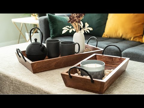 Rectangular Wooden Serving Trays with Black Metal Handles, Set of 2 video that shows the different ways to use the wooden tray set - as a serving tray, decorative tray for coffee table.