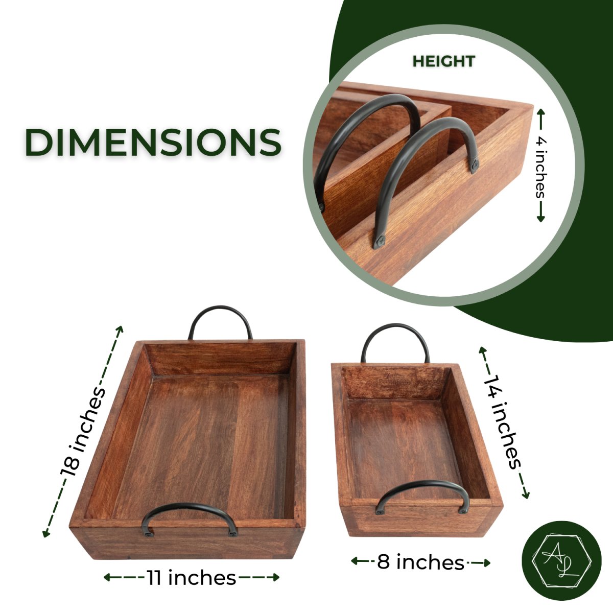 Rectangular Wooden Serving Trays with Black Metal Handles, Set of 2, dimensions image - Aesthetic Living