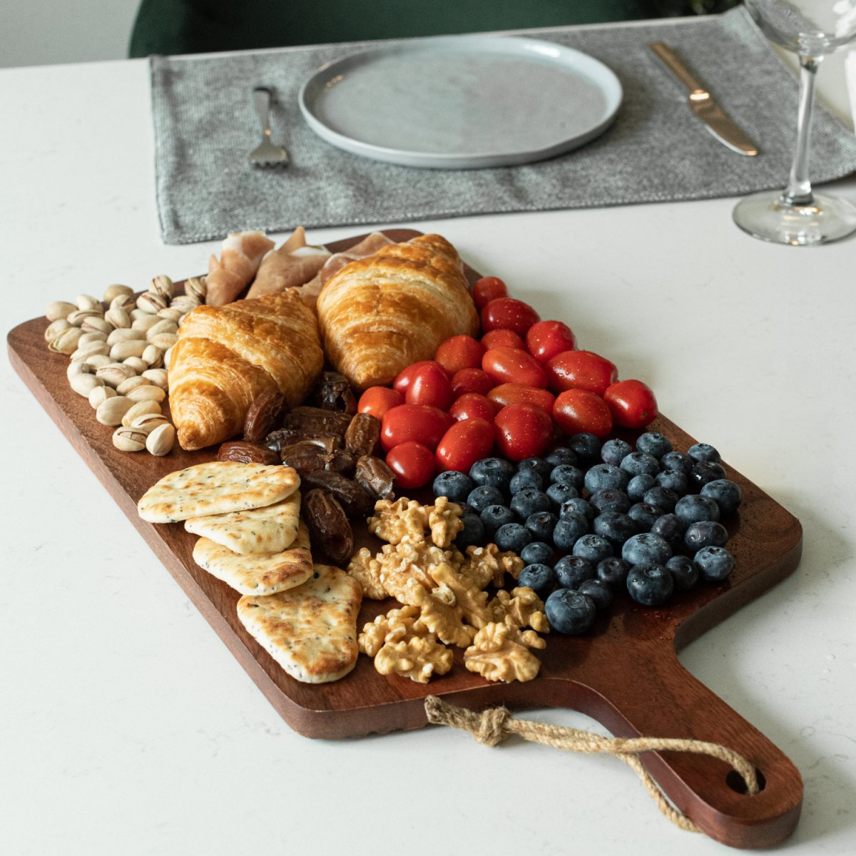 Large wooden board with engraved lines with charcuterie_full elevation - Aesthetic Living
