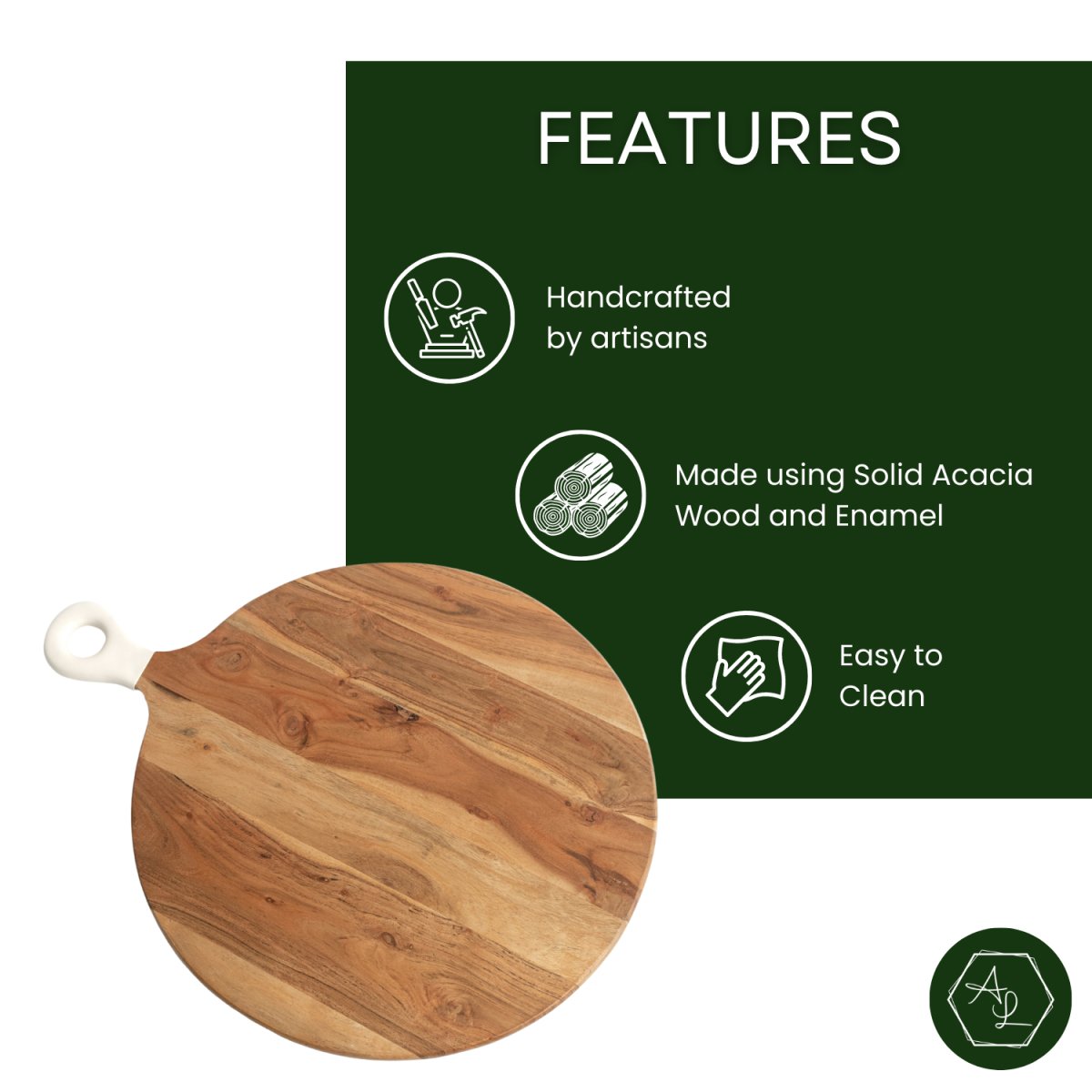Pizza Peel Shaped Round Pizza Paddle Charcuterie Board with White Enamel Handles features image - Aesthetic Living