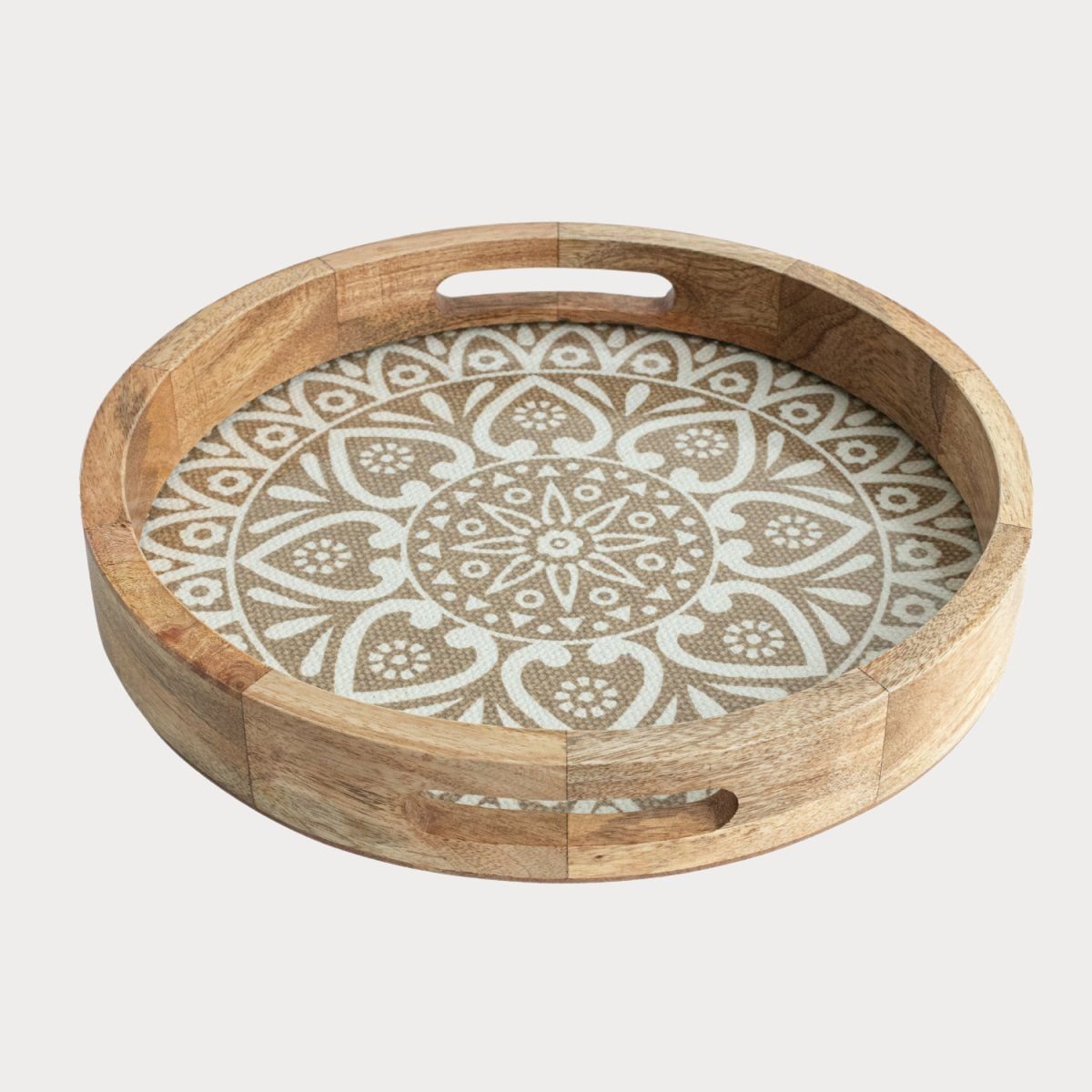 Round Wooden Coffee Table Tray with Knitted Cotton Mat & Glass base front image - Aesthetic Living