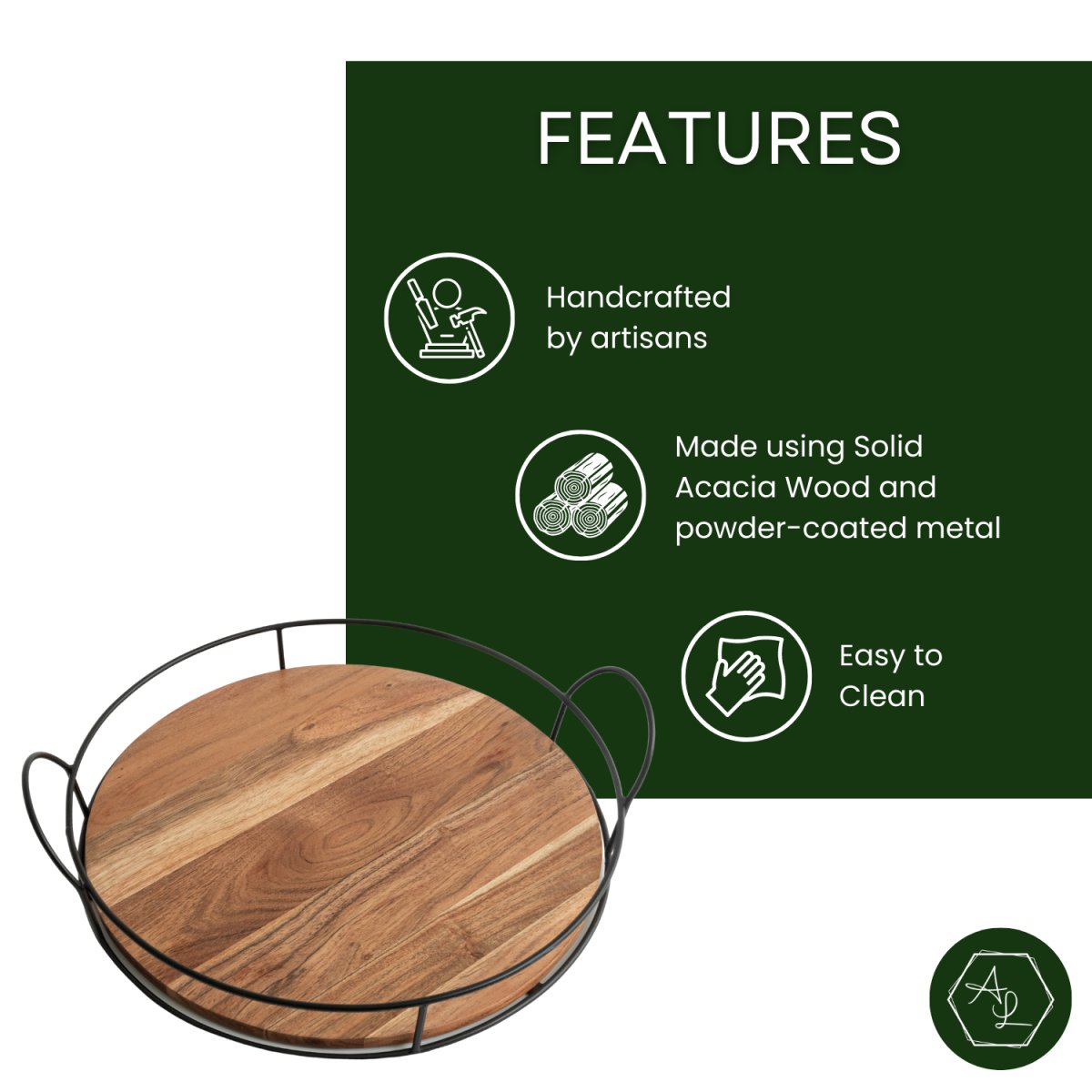 Round Wooden Decor Tray with black metal handles features image - Aesthetic Living