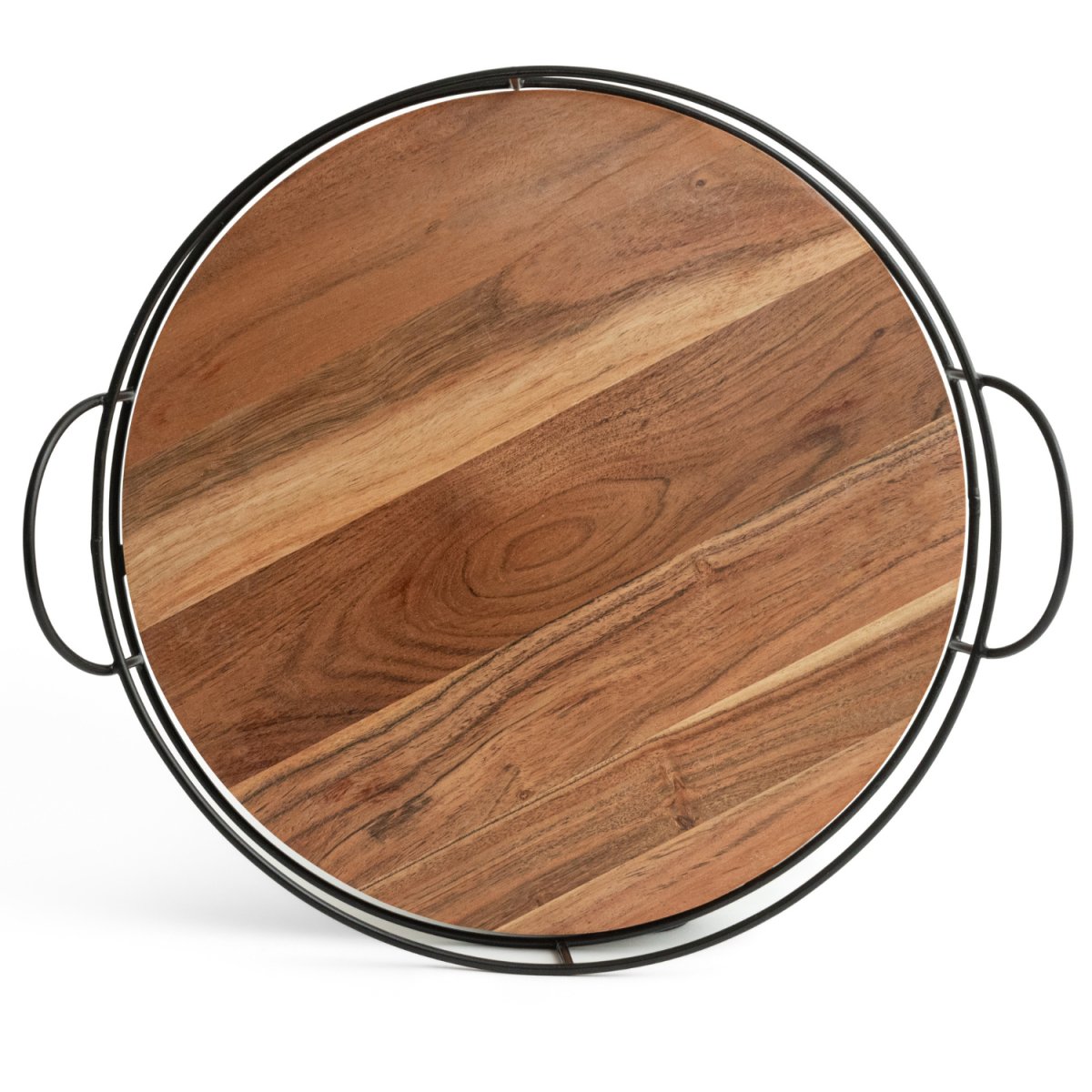 Round Wooden Decor Tray with black metal handles top image white background - Aesthetic Living