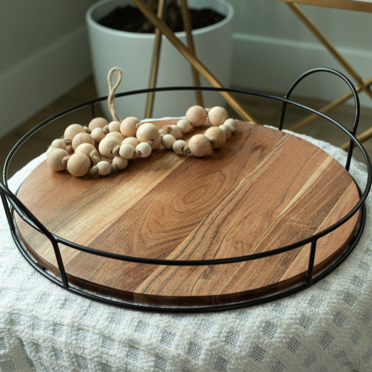 Round Wooden Decor Tray with black metal handles lifestyle image - Aesthetic Living