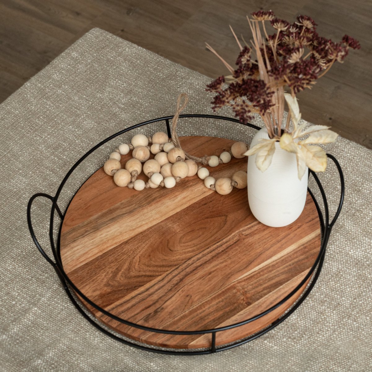 Round Wooden Decor Tray with black metal handles top image - Aesthetic Living