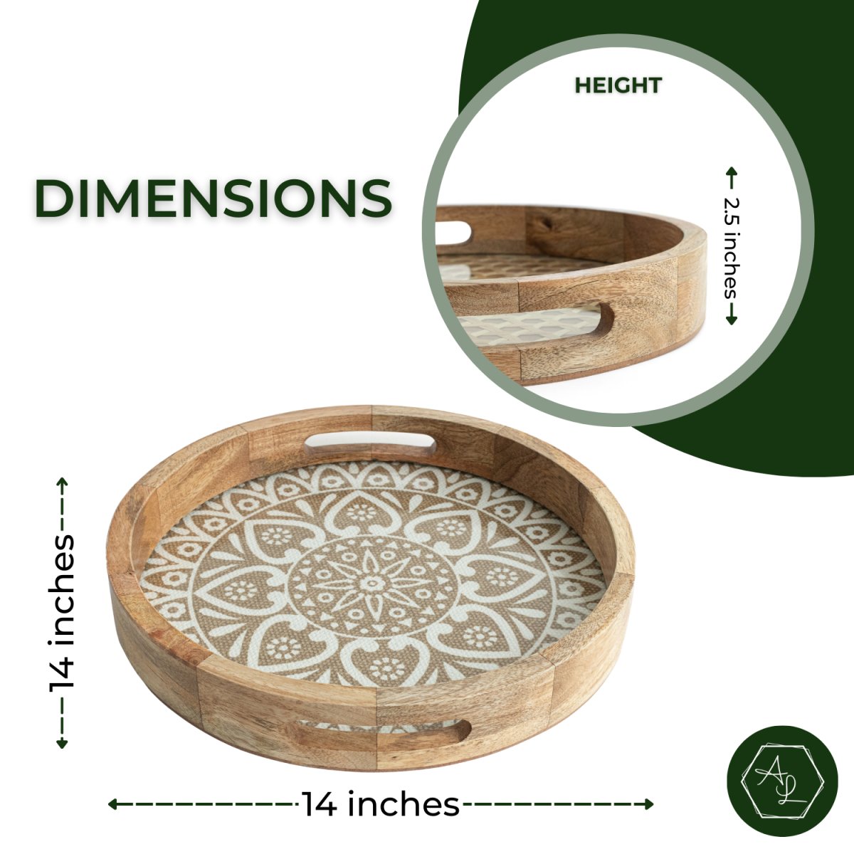Round Wooden Coffee Table Tray with Knitted Cotton Mat & Glass base dimensions image - Aesthetic Living