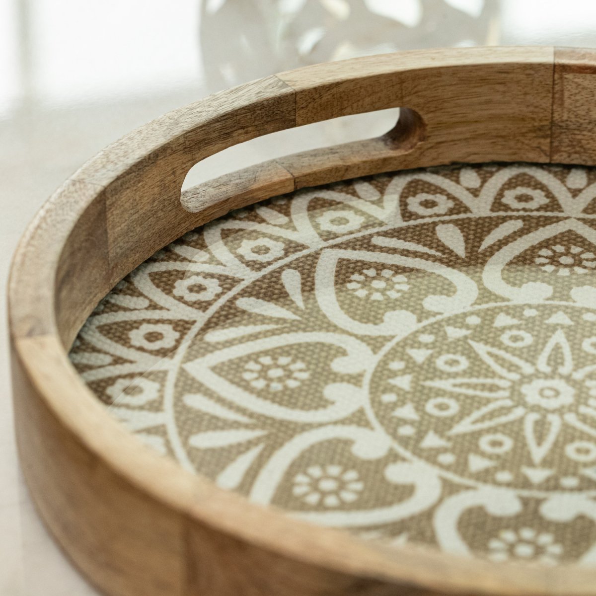 Round Wooden Coffee Table Tray with Knitted Cotton Mat & Glass base close-up image- Aesthetic Living