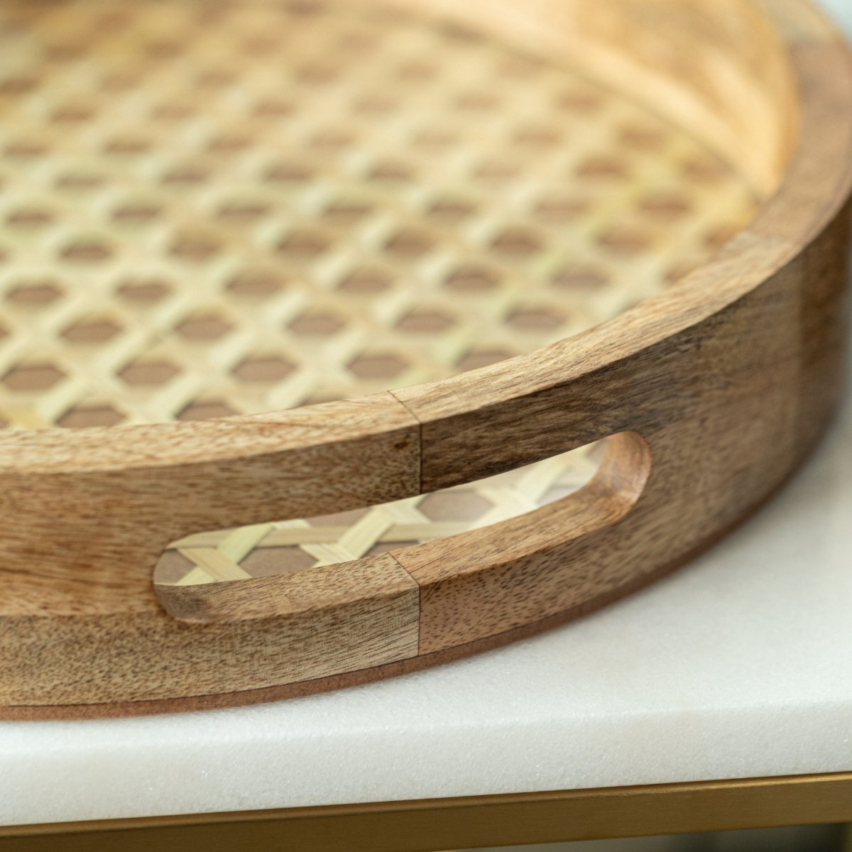 Round Wooden Tray with Rattan Mat & Glass base - Aesthetic Living