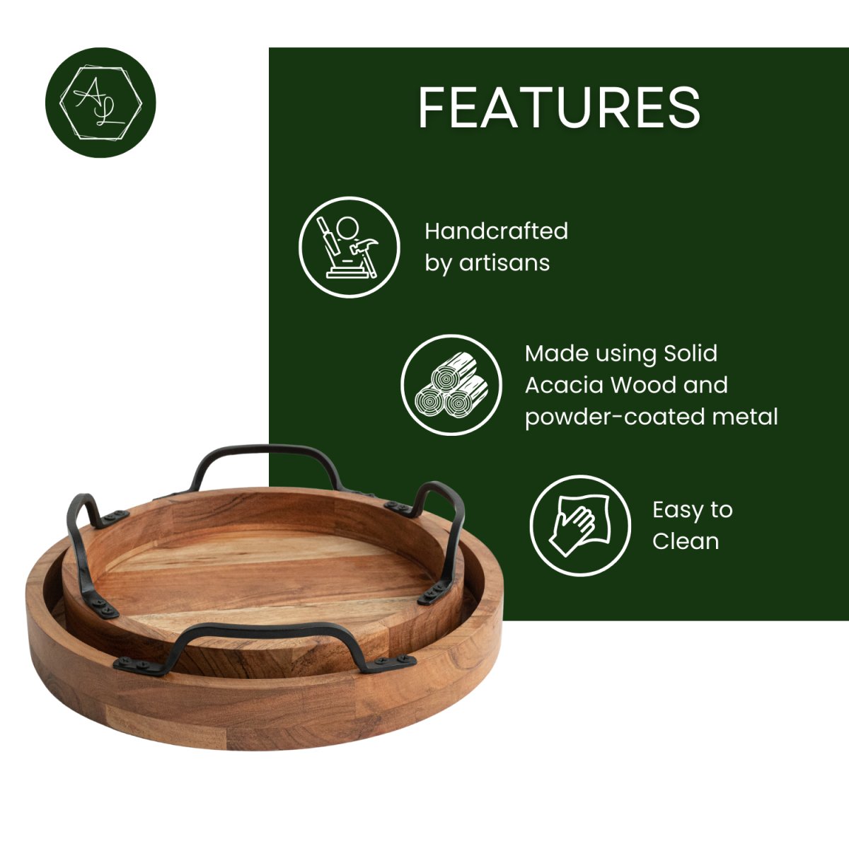 Round Wooden Serving Trays with Black Metal Handles, set of 2 features image - Aesthetic Living