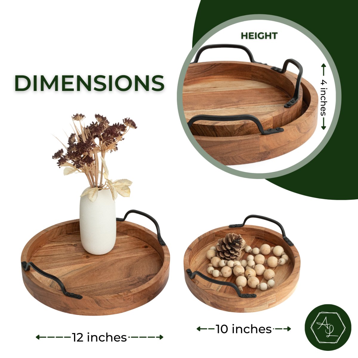 Round Wooden Serving Trays with Black Metal Handles, set of 2 dimensions image- Aesthetic Living