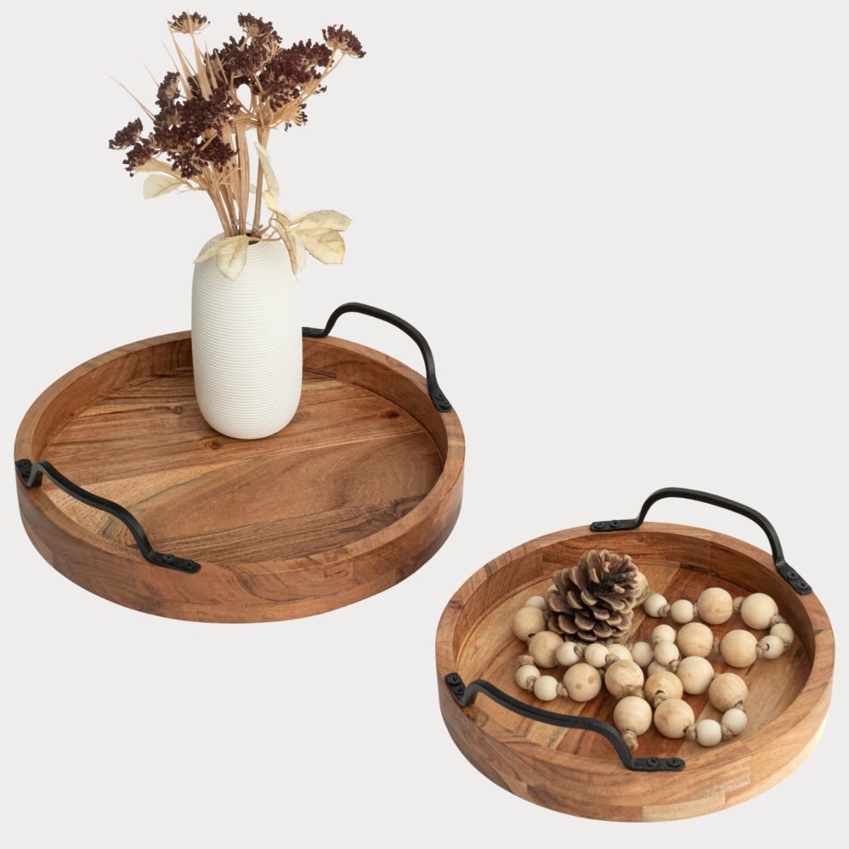 Round Wooden Serving Trays with Black Metal Handles, set of 2 - front image- Aesthetic Living